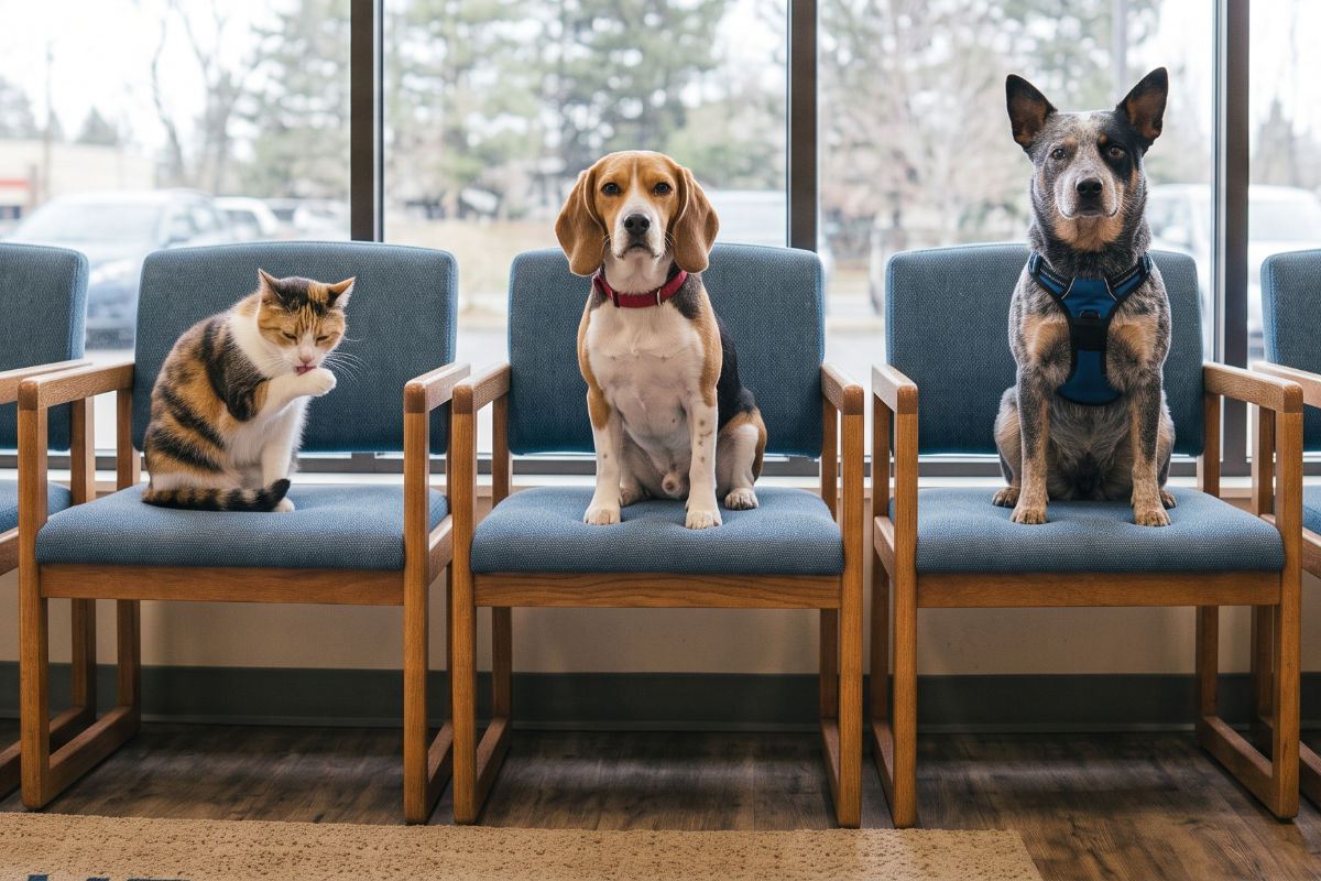 A cat, a beagle and a cattle dog waiting on chairs in the Hometown Pet Care waiting room in Miami, OK