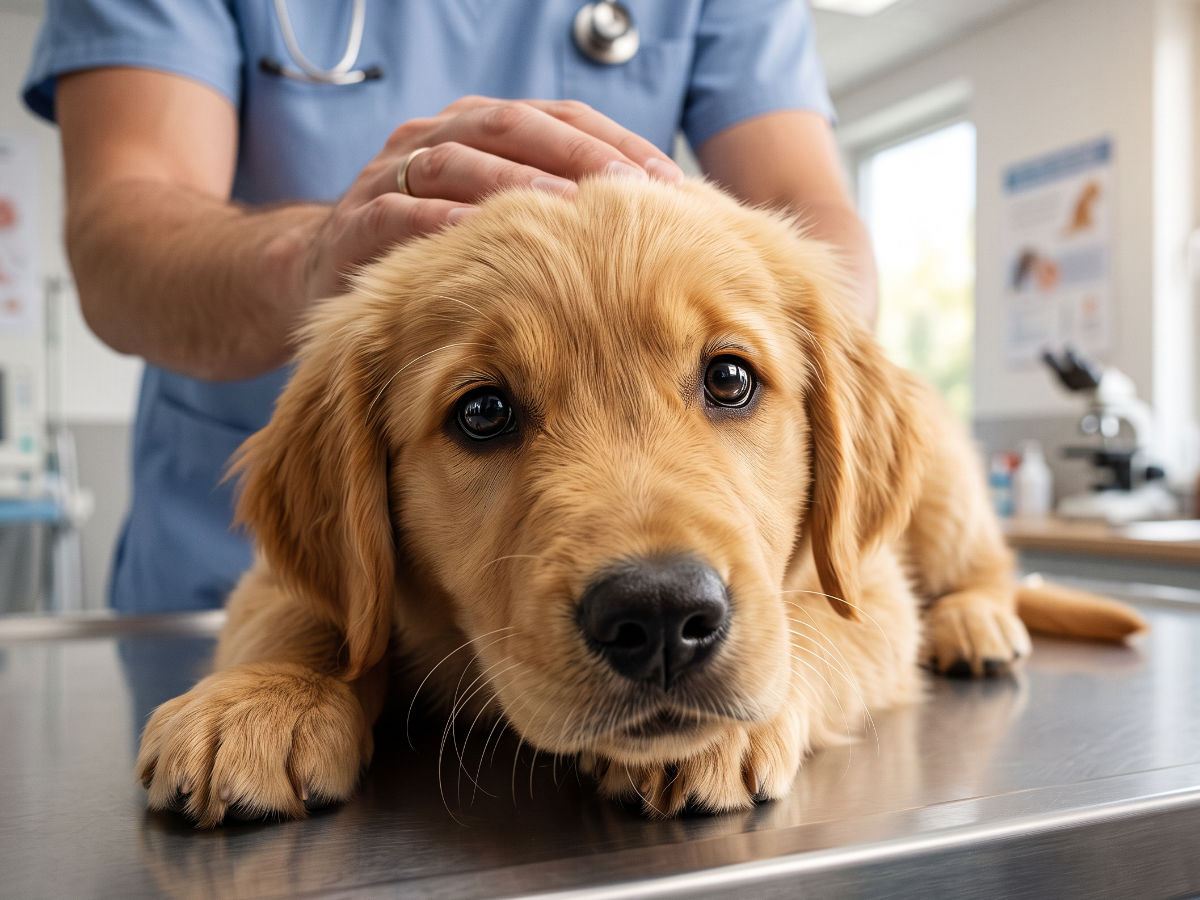 Golden retriever puppy being gently examined on the table at Hometown Pet Care, a veterinary clinic in Miami, OK